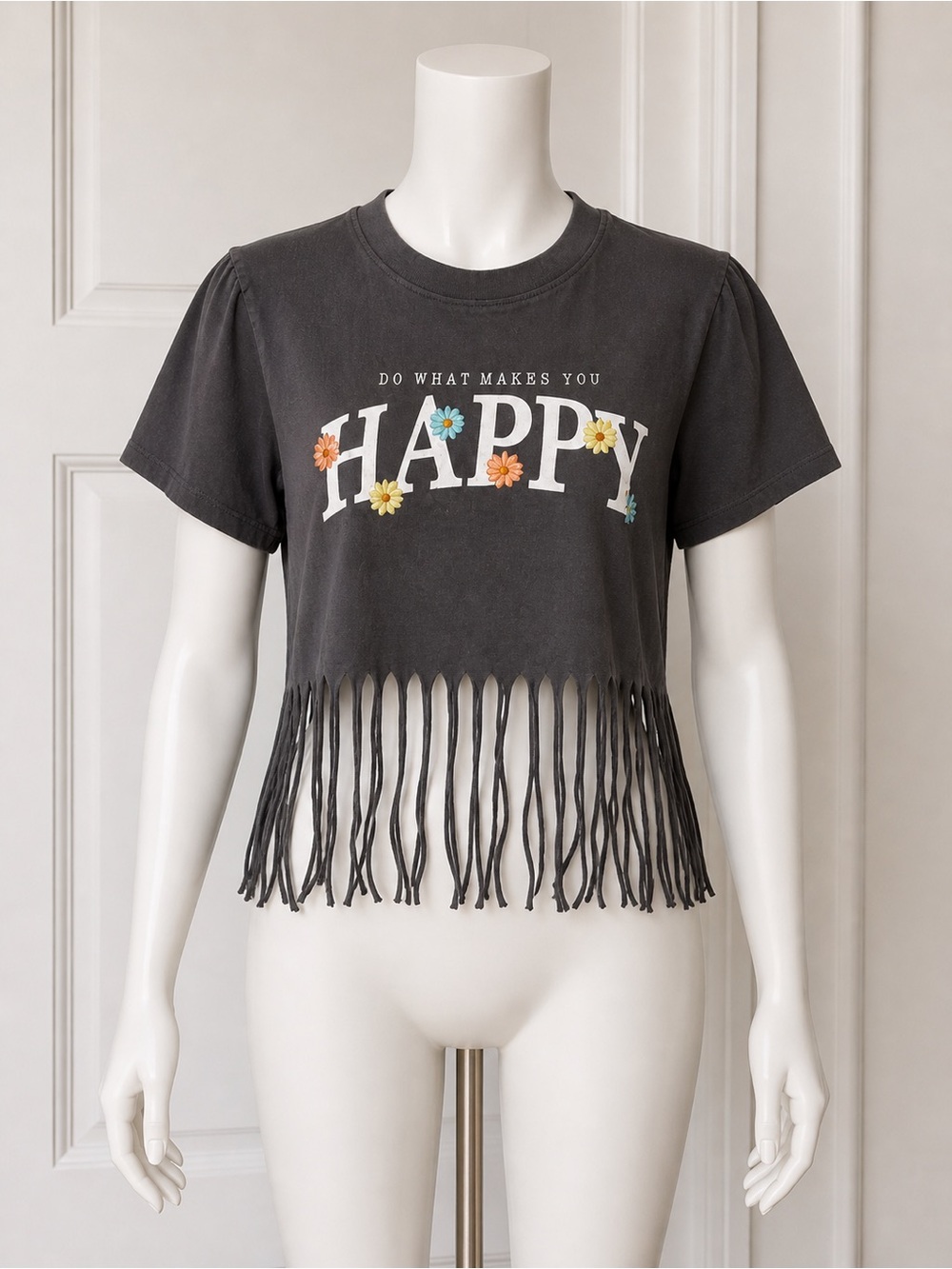 Happy Graphic Fringe Crop Tank Top - Charcoal